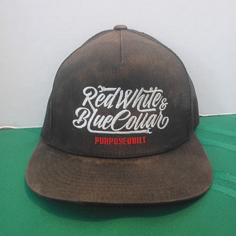 Purpose-Built Red White and Blue Collar Snapback Hat Black Faded Distressed